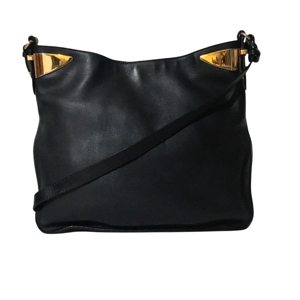 Authentic Salvatore Ferragamo Black Leather Crossbody Bag with Gold Accent
